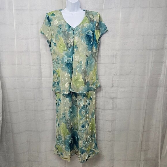 Green Blue Floral Sheer Maxi Dress Layered Romantic Cottagecore Chiffon Fairy 16 - Picture 1 of 11